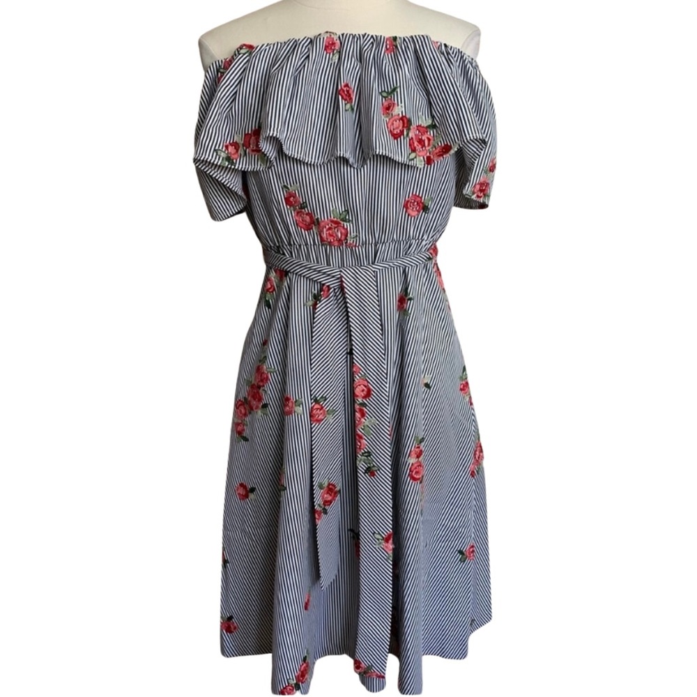 CALVIN KLEIN Dress Off Shoulder Black White Embroidered Floral